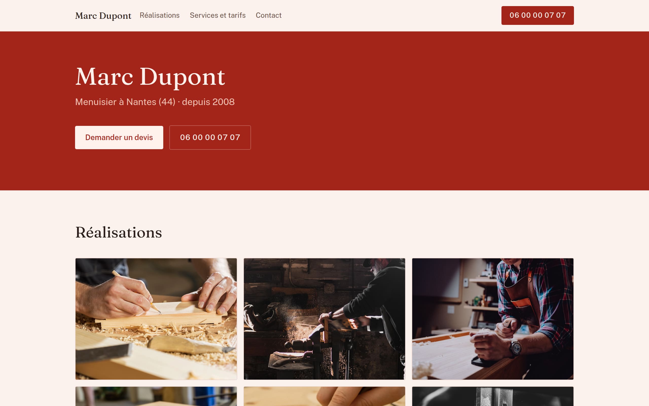 Le site d'un menuisier créé avec Pages Pro, vu sur ordinateur