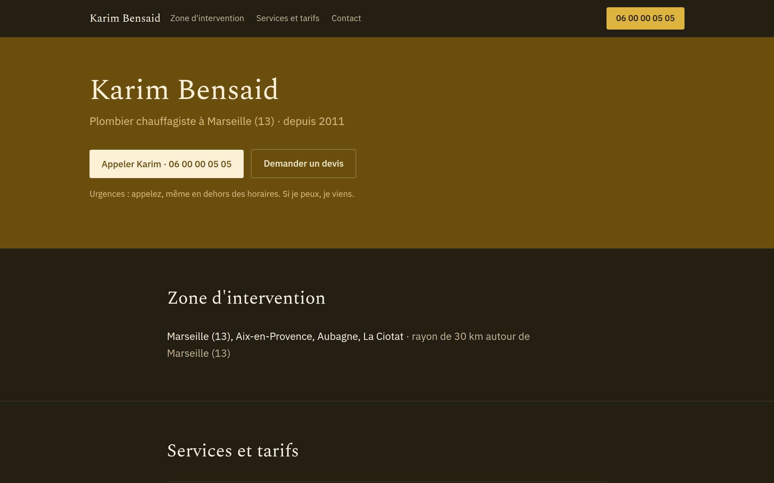 Le site d'un plombier en style sombre : menu, téléphone en grand, services